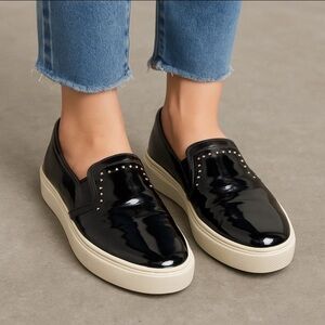 Givenchy Loafers, Black Patent Leather Silver Studs Wrap Made Italy Sz 6.5, 37